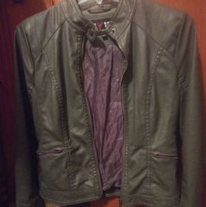 Grey leather jacket.